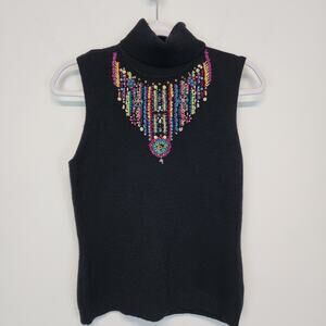 Vintage New York & Company Beaded Turtleneck Sweater Size M Black Sleeveless